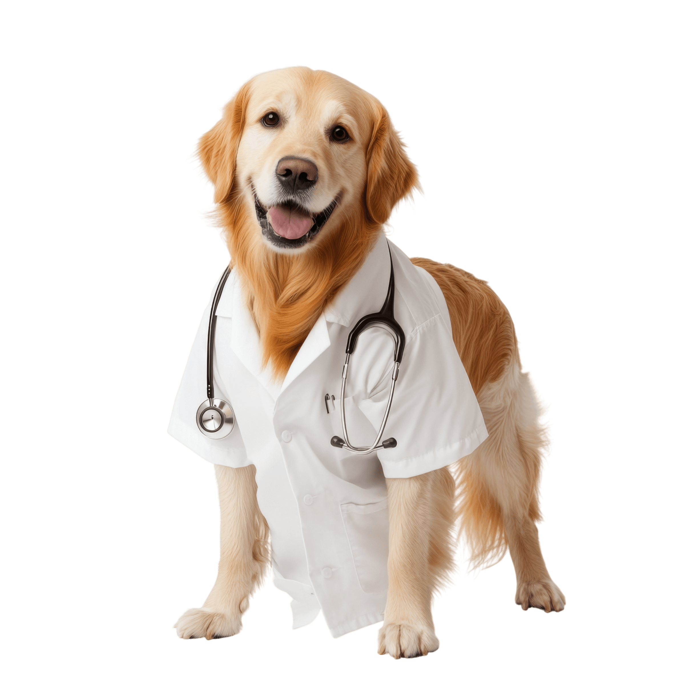 A golden retriever wearing a vet's lab coat and stethoscope